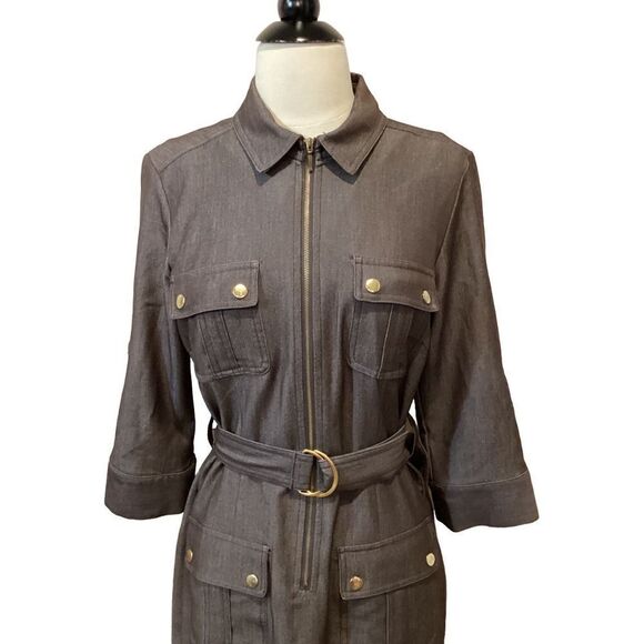 Sharagano Safari Shirt Utility Belted Dress Brown 6 - Picture 3 of 9